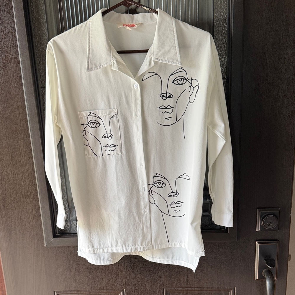 Mazik White Artistic Face Button Down Shirt